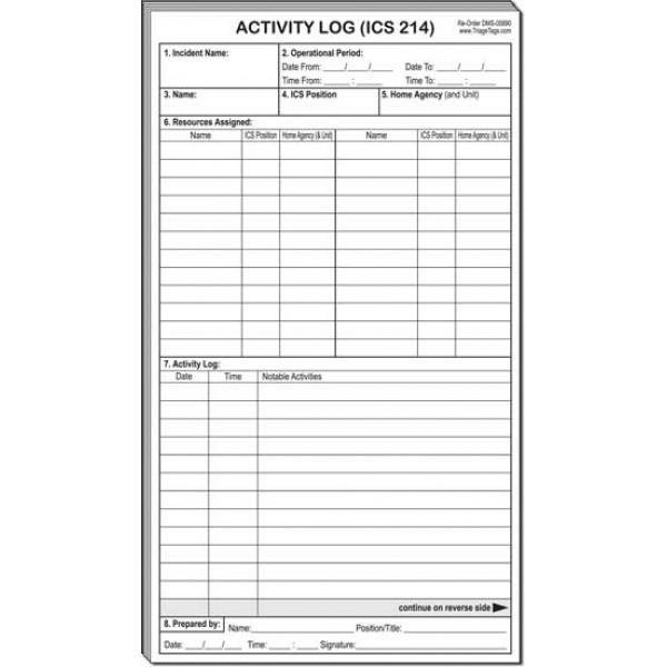 ICS 214 Activity Log Pad Pack for Wildland Fire Crew REHAB System