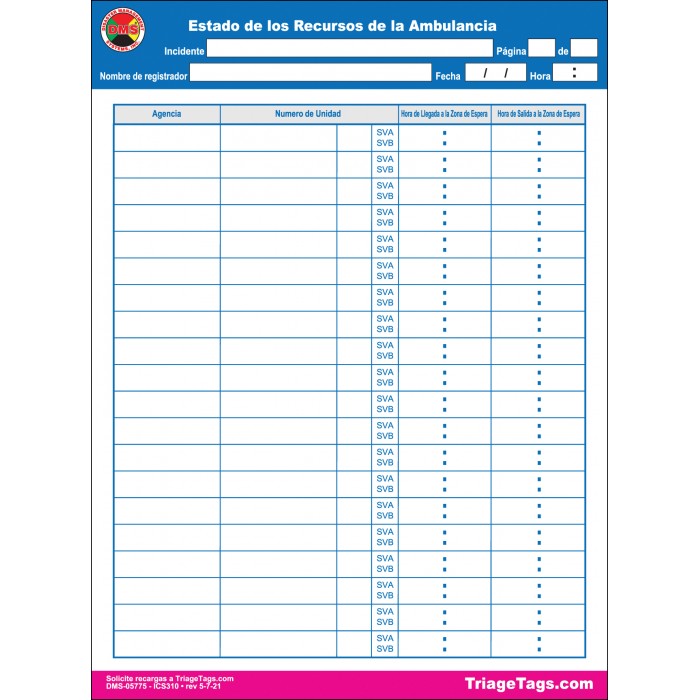 Formulario de recursos de ambulancia EMT3® - Paquete de recambio